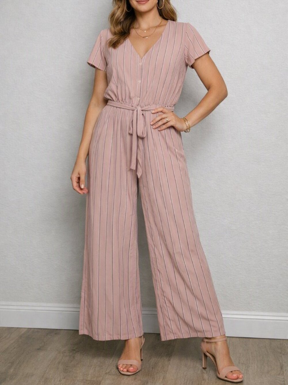 ONE Clothing Women’s Striped Jumpsuit Blush Pink Short Sleeve Wide Leg Tie Waist